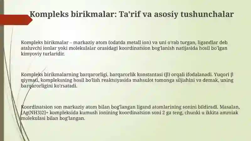 Noorganik va organik ligandlar asosidagi birikmalarning kompleks hosil qiluvchi reaksiyalari 3