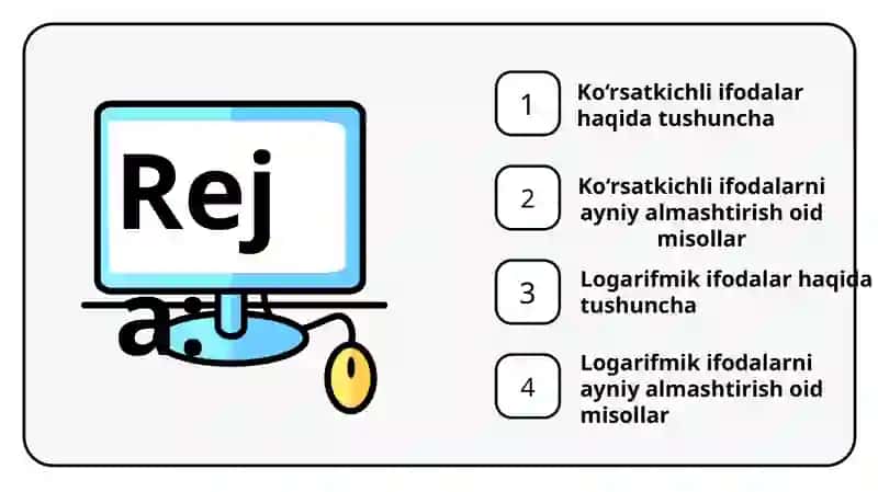koʻrsatkichli va logarifmik ifodalarni ayni almashtirishga oid misollar yechish 3