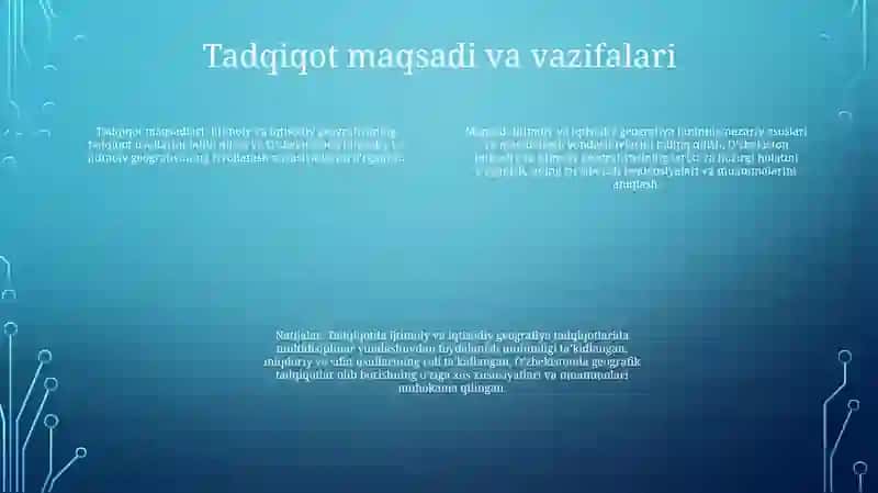 Ijtimoiy Va Iqtisodiy Geografiyaning Tadqiqot Usullarini Tahlil Qilish Va OʻZbekistonda Iqtisodiy Va Ijtimoiy Geografiyaning Rivojlanish Xususiyatlarni OʻRganish Mavzusida Tayyorlagan Taqdimoti 3