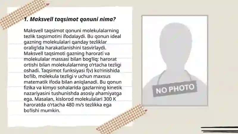 Molekulalarning tezliklar va energiyalari bo'yicha taqsimlanishga oid Maksvell qonuni. Maksvell taqsimot qonuni shtren tajribasida tasdiqlanishi 3