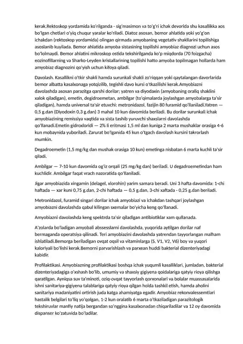 GELMINTOZLAR. PROTOZOY KASALLIGI, AMYOBIAZ, LYAMBLIOZ, TOKSOPLAZMOZ, ASKARIDOZ, ENTEROBIOZ, EXINOKOKKOZ 3
