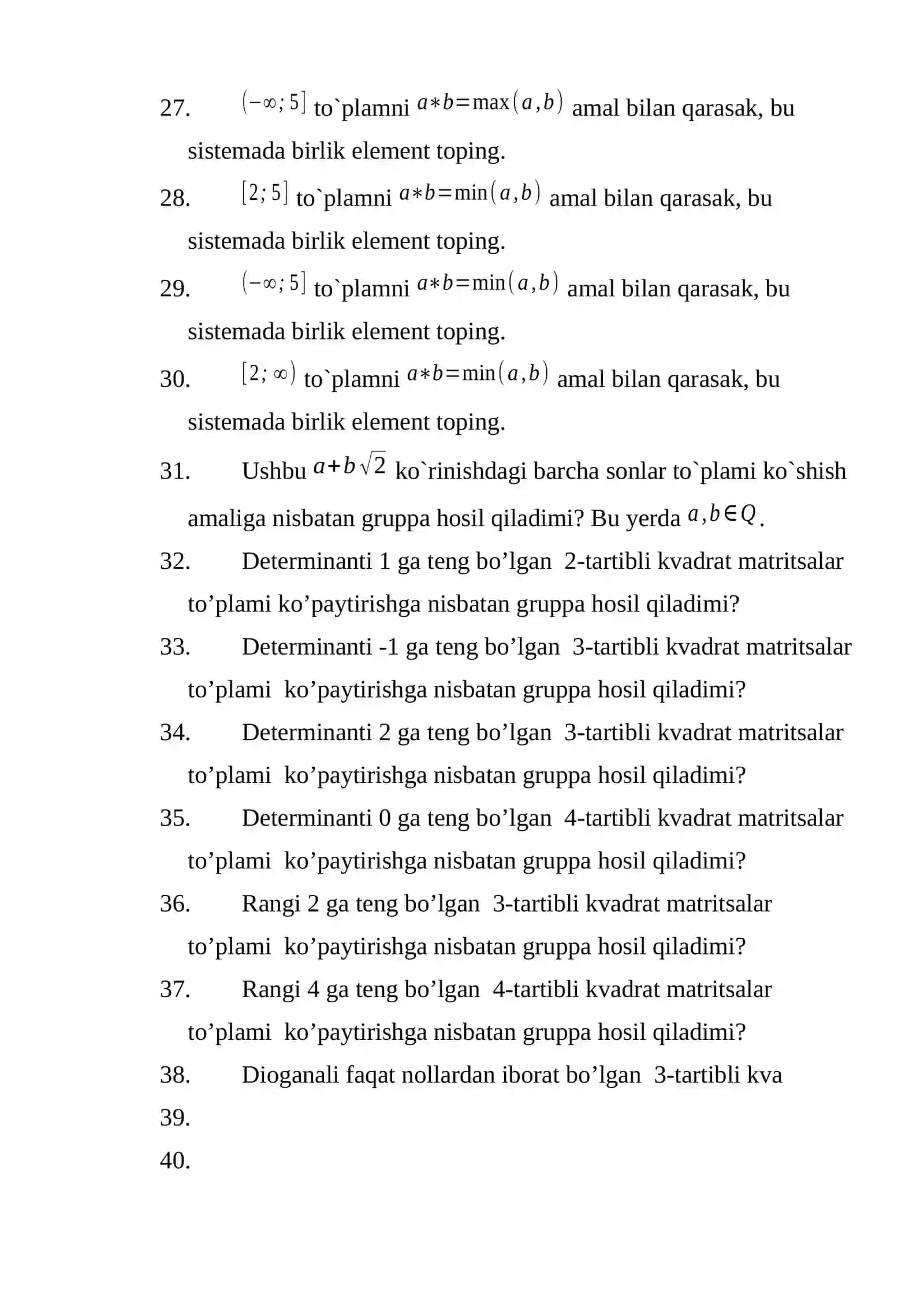 Haqiqiy sonlar to`plamida amal assosiativ bo`ladimi? 3