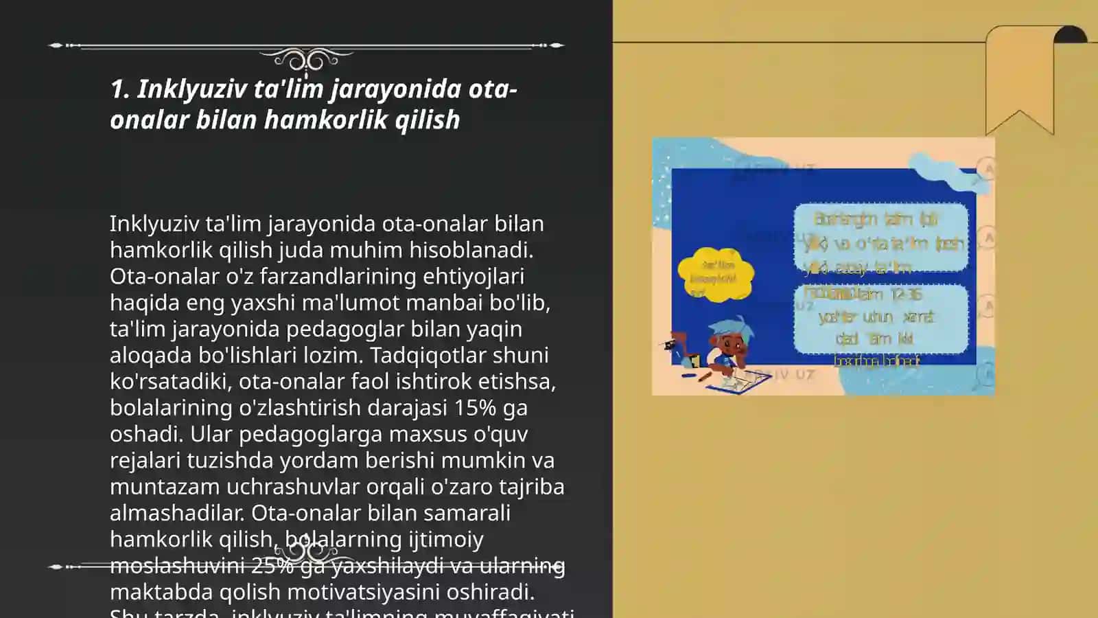 Inklyuziv ta'lim jarayonida ta'lim muassasalari va oila hamkorligida ishlash by Ibrohimova Dilshoda 3