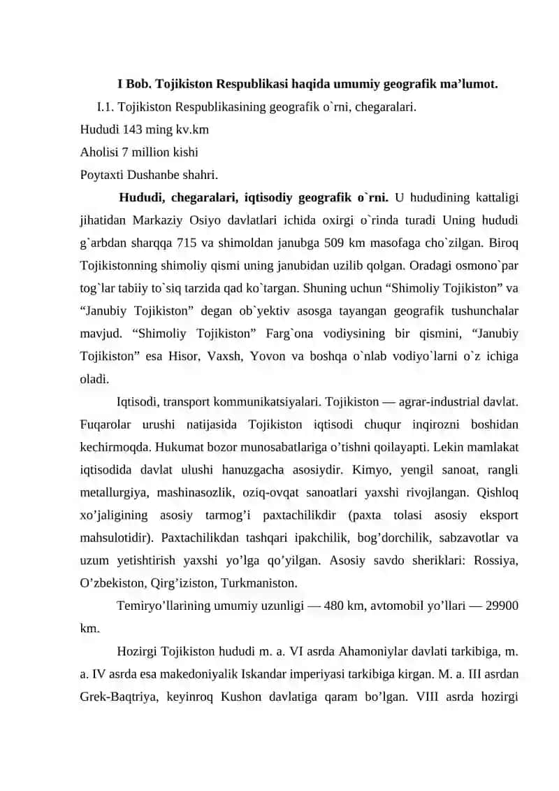 TOJIKISTON RESPUBLIKASINING GEOGRAFIK O`RNI, TABIIY SHAROITI VA TABIIY RESURSLARI 3