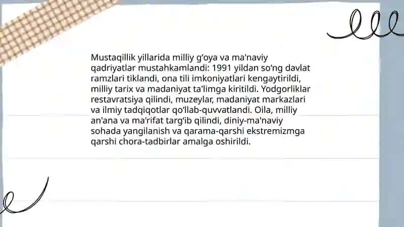 Mustaqillik yillarida Oʻzbekistondagi ma'naviy va madaniy taraqqiyot 3