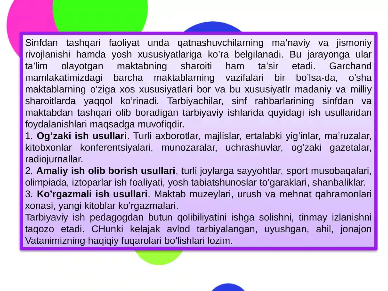 Sinfdan tashqari tarbiyaviy ishlarning mazmuni, shakli va metodlari 3
