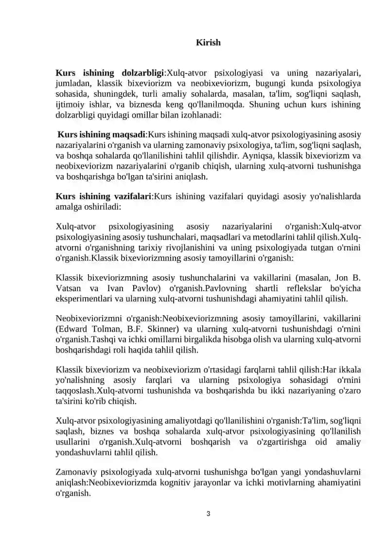 "Xulq-atvor psixologiyasining predmeti va vazifalari. Klassik bixeviorizm va neobixeviorizm" 3