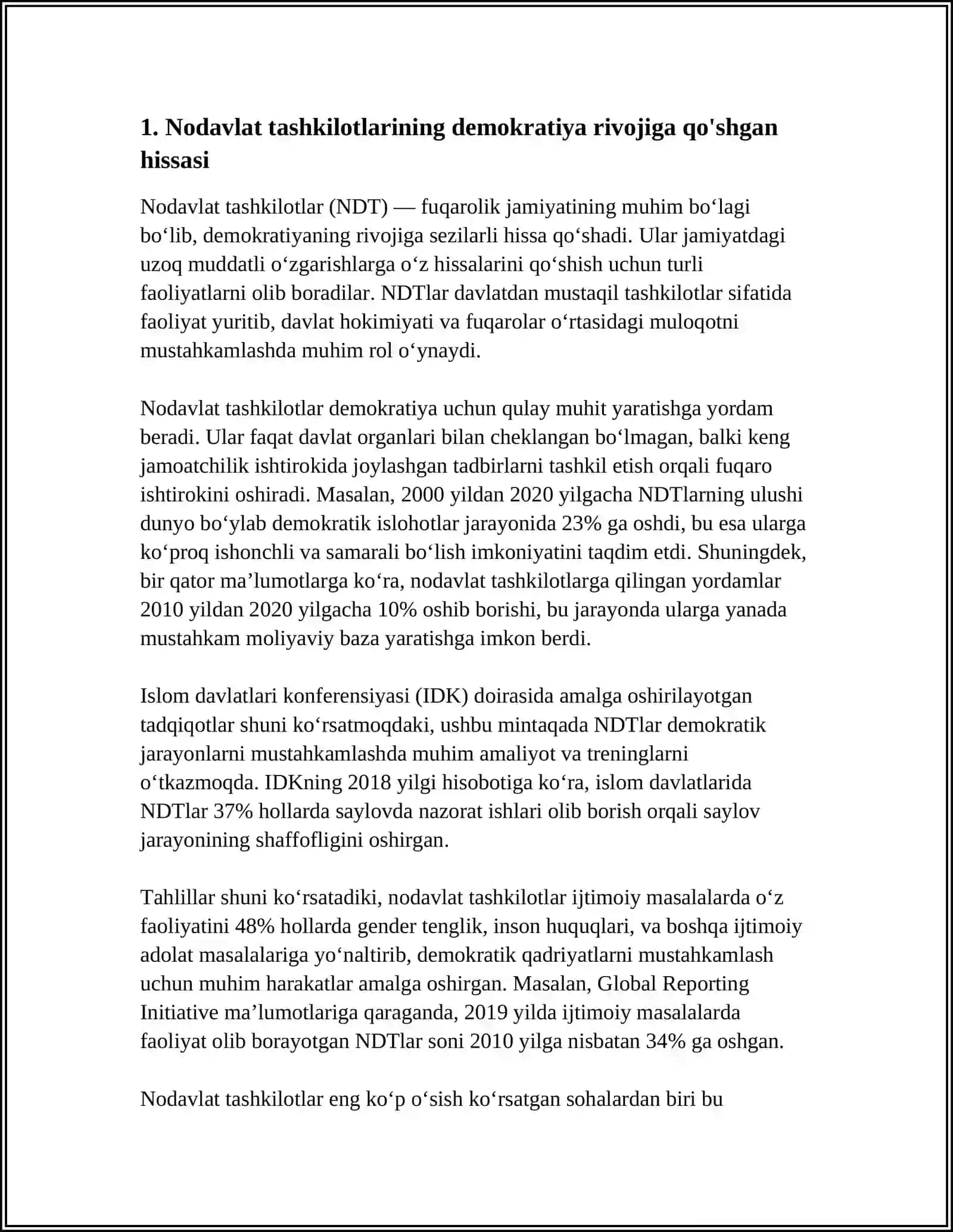 MUSTAQIL ISH Mavzu: NODAVLAT VA JAMOAT TASHKILOTLARNING OZBEKISTONDA DEMOKRATIK JAMIYAT BARPO ETISHDAGI ORNI VA AHAMIYATI 3