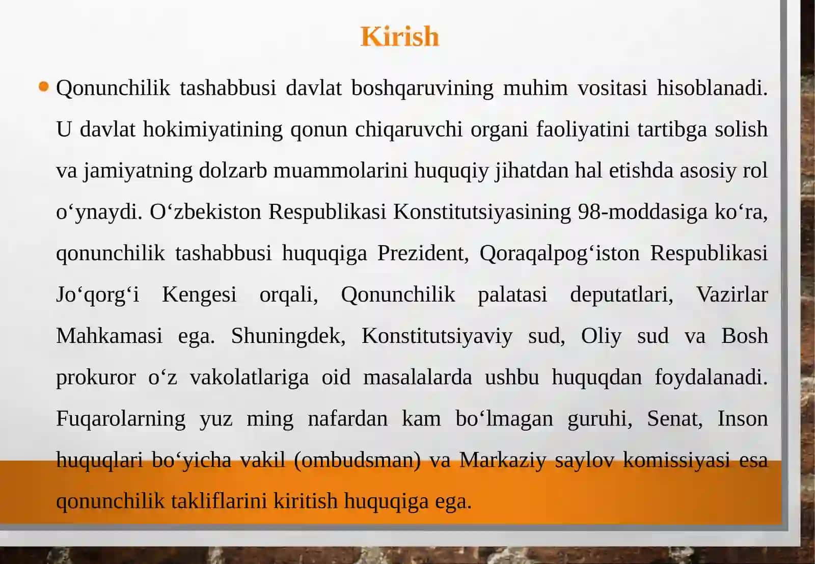 Qonunchiliktashabbusi va uning sub’ektlari, qonun qabul qilish tartibi 3