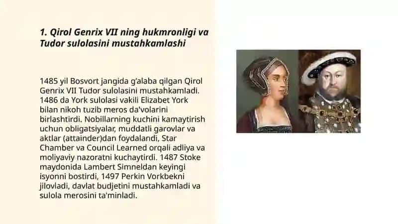 Qirol Genrix VII ning hukmronligi va Tudor sulolasini mustahkamlashi 3