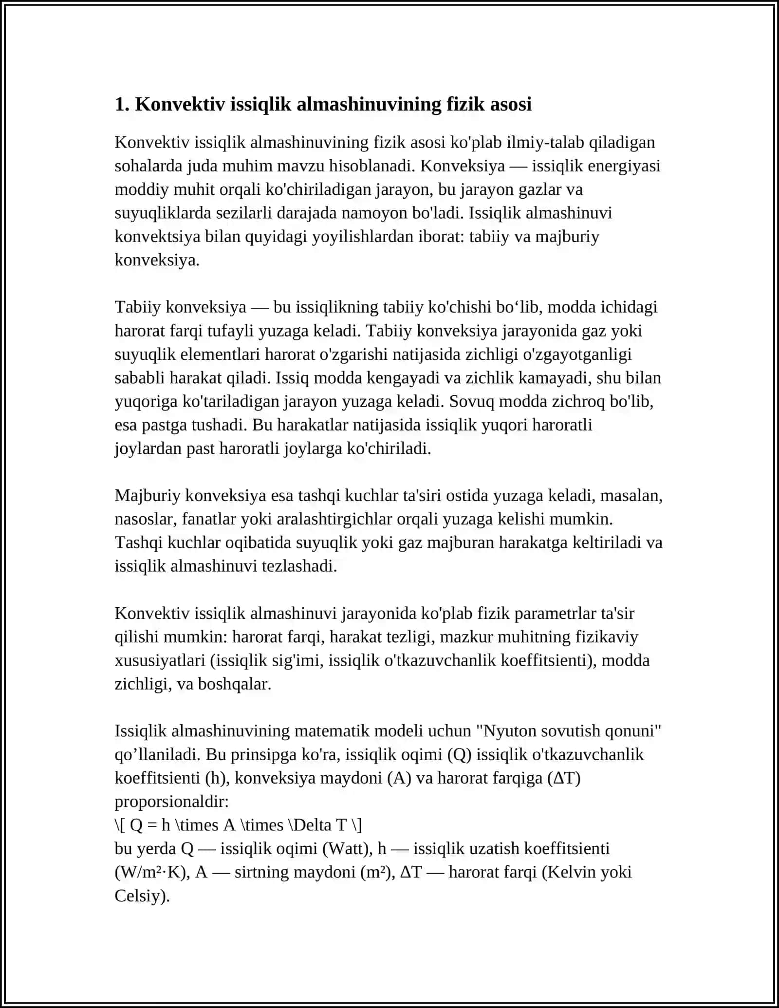 KONVEKTIV ISSIQLIK ALMASHINISHNING KRITERIAL TENGLAMALARI. ISSIQLIK ALMASHINISH JARAYONINI JADALLLASHTIRISH USULLARI. MOLEKULYAR DIFFUZIYA YOKI FIKNING BIRINCHI QONUNI. DIFFUZIYA KOEFFITSIYENTINING FIZIK MAZMUNI VA O'LCHOV BIRLIGI 3