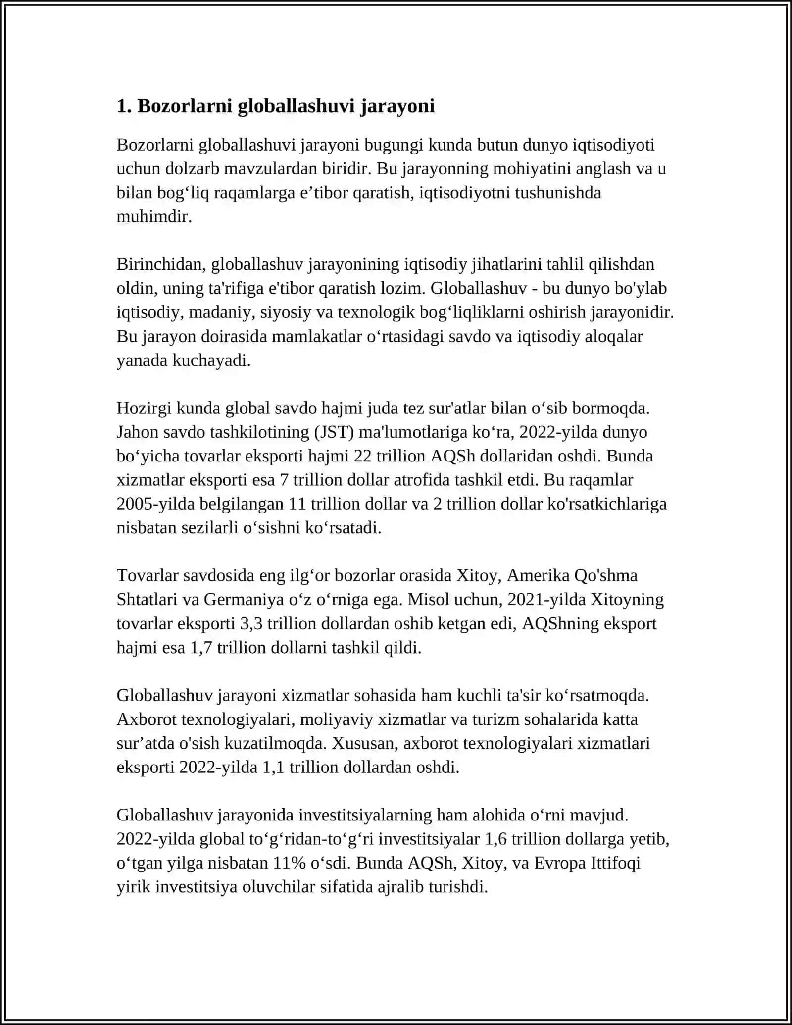 GLOBALLASHUV JARAYONINI RIVOJLANISH YO’NALISHLARI: BOZORLARNI GLOBALLASHUVI VA TOVARLARNI GLOBALLASHUVI 3