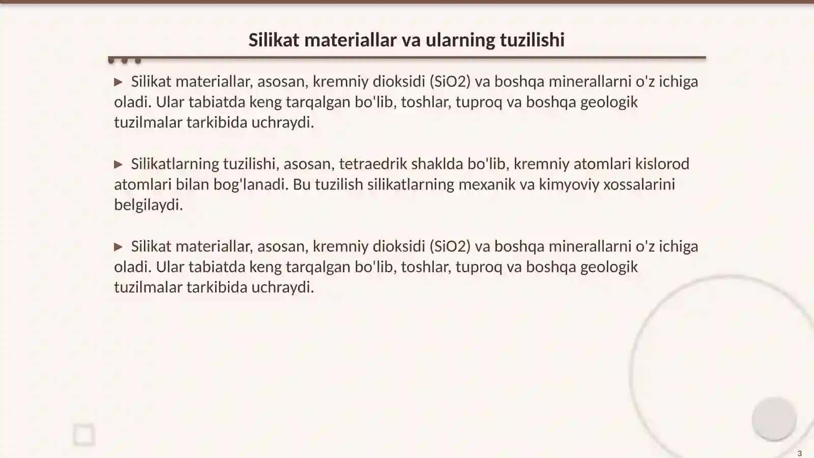 Silikat materiallarning elektrofizik xossalari. Metallar va nometallar 3