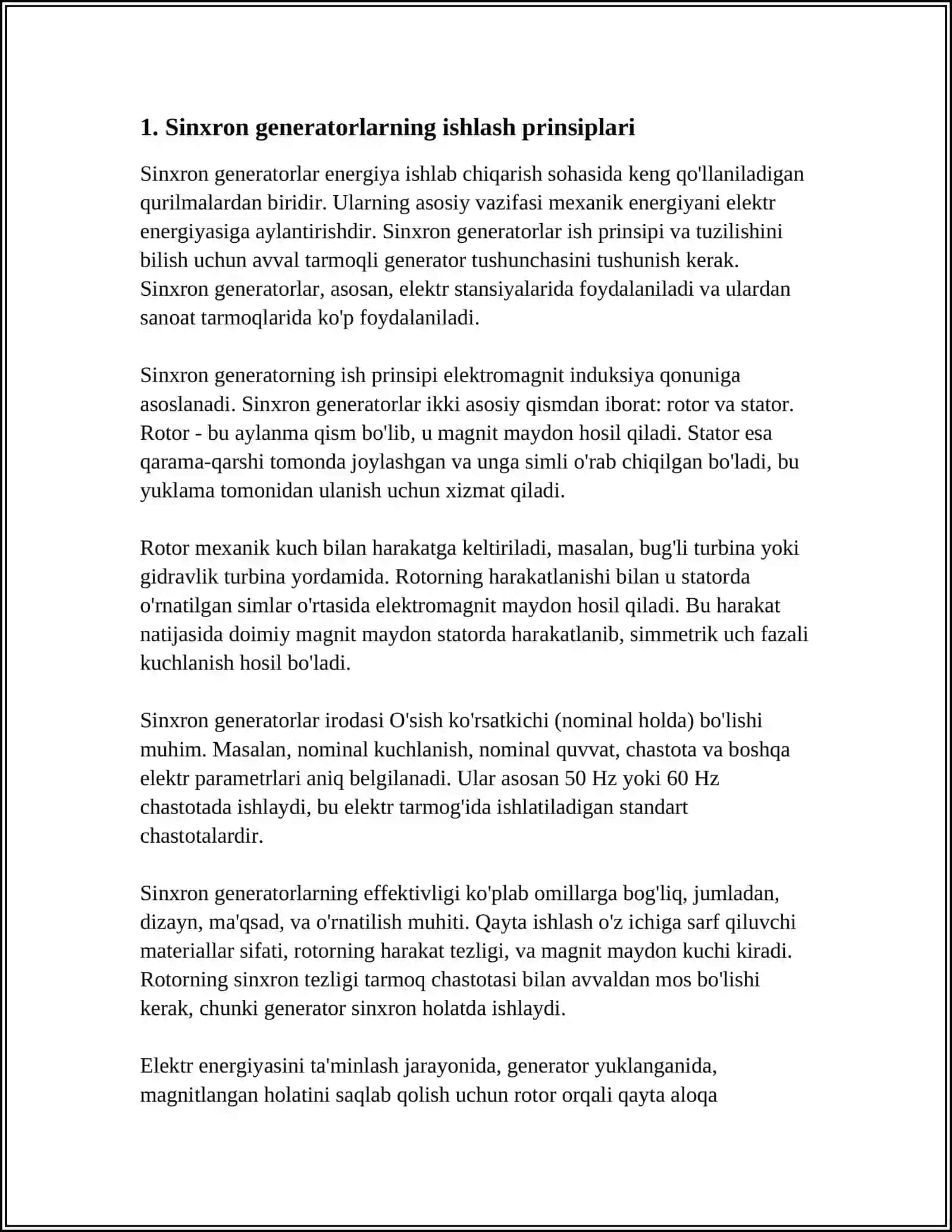 SINXRON GENERATORLARNI ÓZARO VA ISTE'MOLCHILARNING ELEKTR TARMOQLARI BILAN PARALLEL ISHLASHI 3