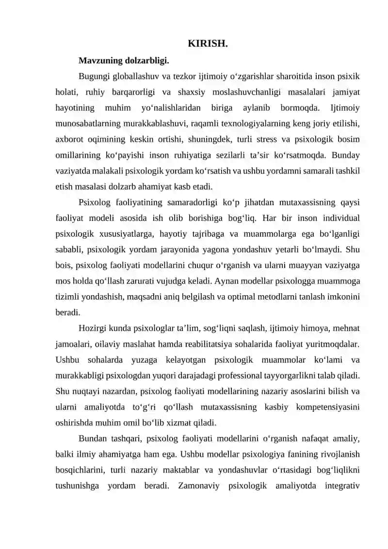 psixolog faoliyati modedllari. referat 3