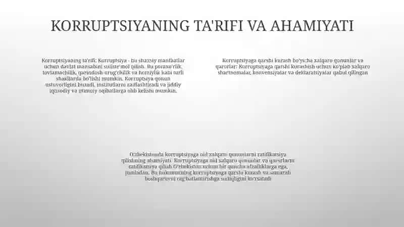 Korrupsiyaga Qarshi Kurash Bo‘Yicha Xalqaro Qonunlar Va Qarorlarning O‘Zbekistonda Ratifikatsiya Qilishning Ahamiyati 3