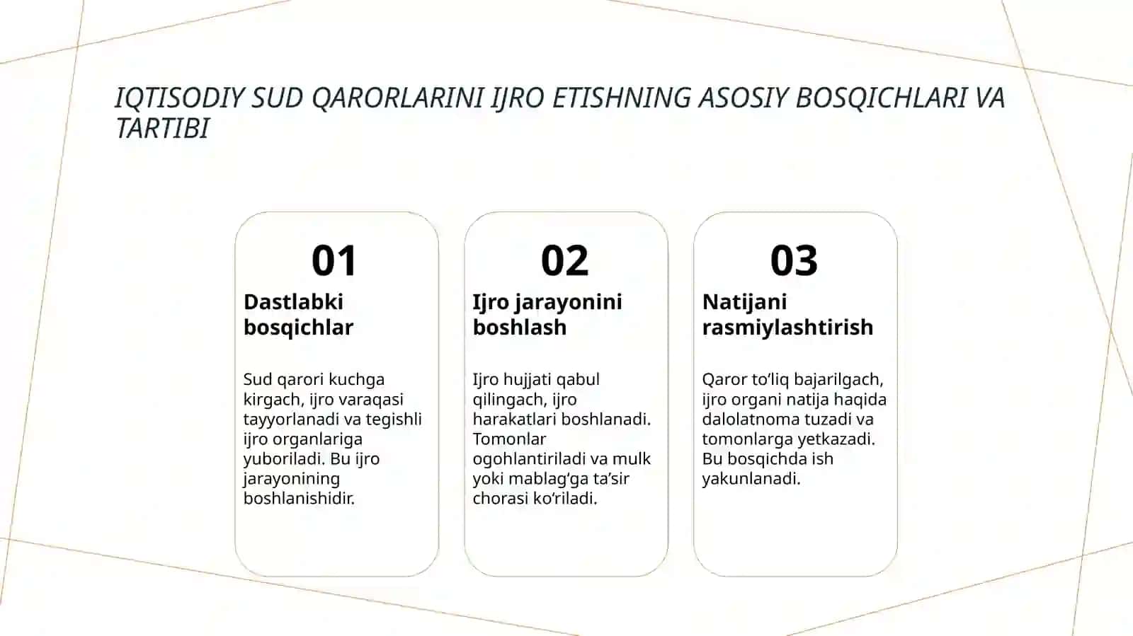 ИҚТИСОДИЙ СУДЛАРНИНГ СУД ҲУЖЖАТЛАРИНИ ИЖРО ЭТИШ. СУД ҲУЖЖАТЛАРИНИ ИЖРОГА ҚАРАТИШ. ИЖРО ВАРАҚАСИ ВА ИЖРО ВАРАҚАСИНИ БЕРИШ 3