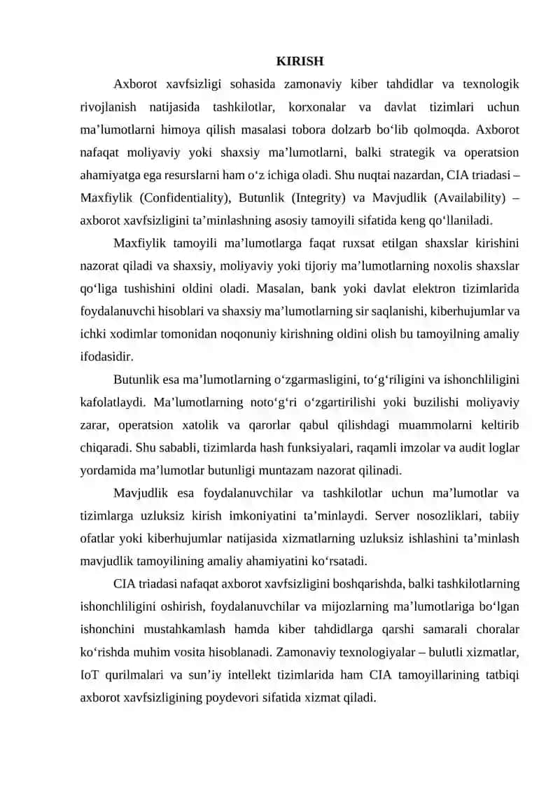 Maxfiylik, butunlik va mavjudlik (CIA triadasi) konsepsiyasining amaliy ahamiyati 3