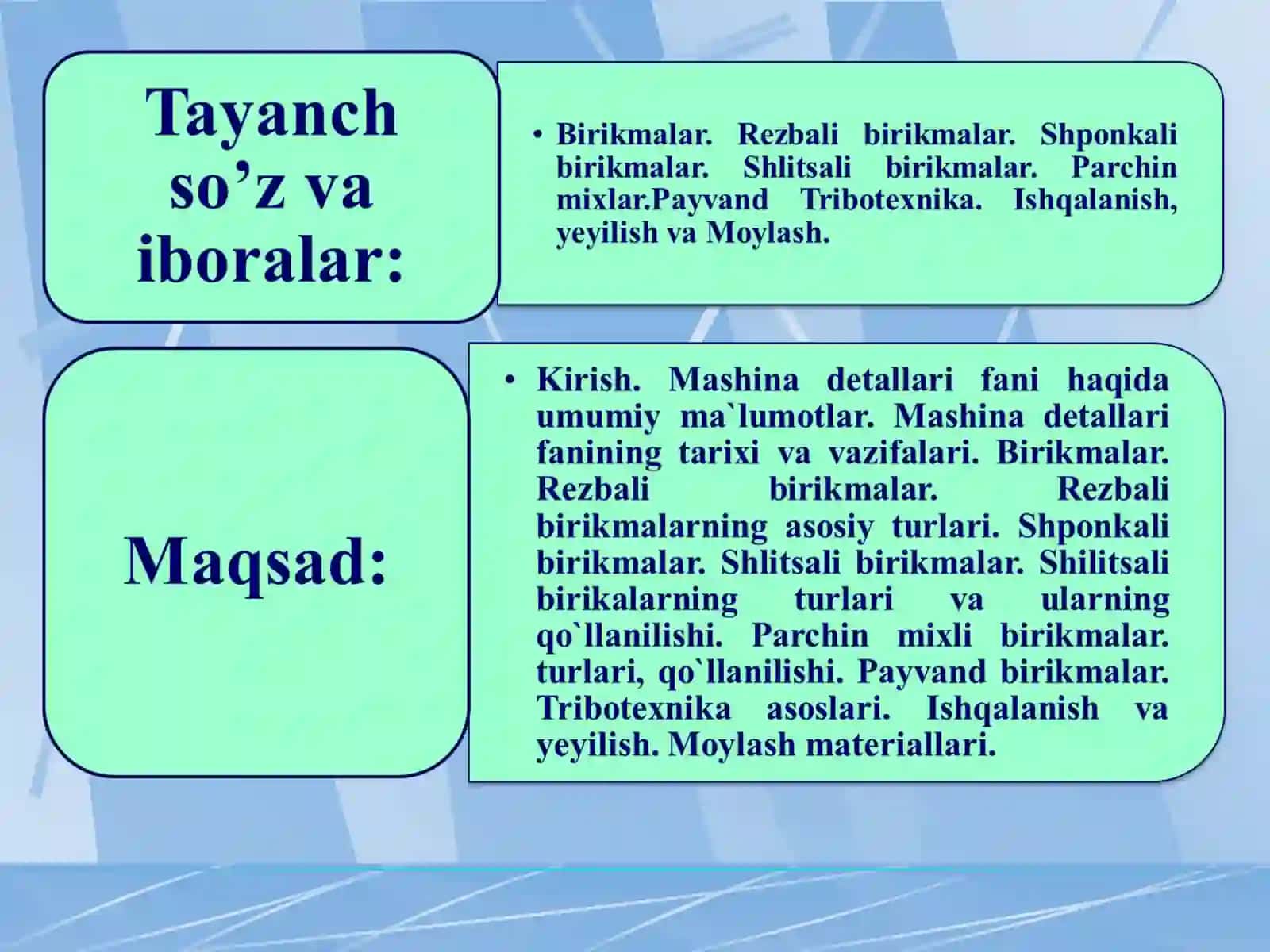 Shponkalar va birikmalar 3