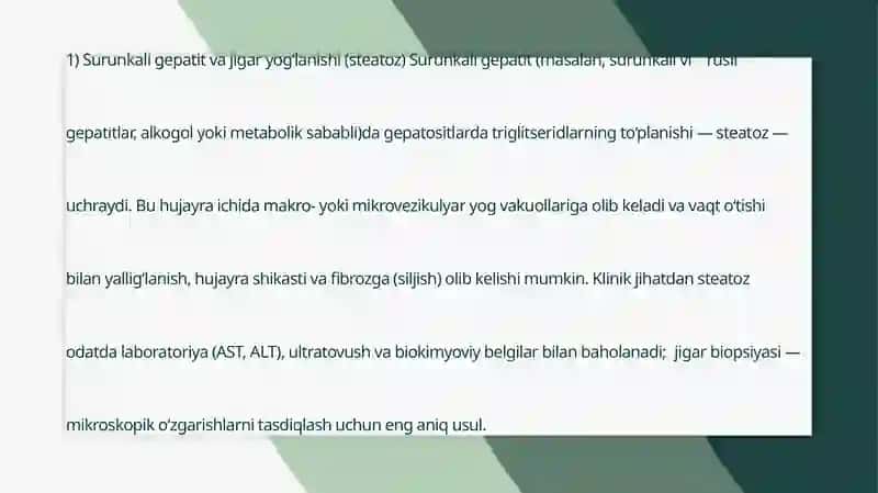 Surunkali gepatitzgarishi.stitlarda  yog‘larning hazimlanishini buzilishi ( steatoriya), yog‘ kislotalarini  va   oksidlanishi , ahamiyati, buzilishlari 3