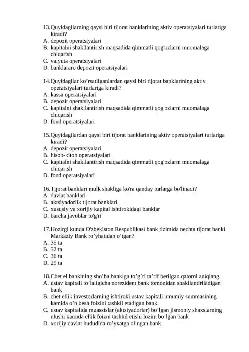 Tijorat banklari faoliyati bo'yicha test savollari 3