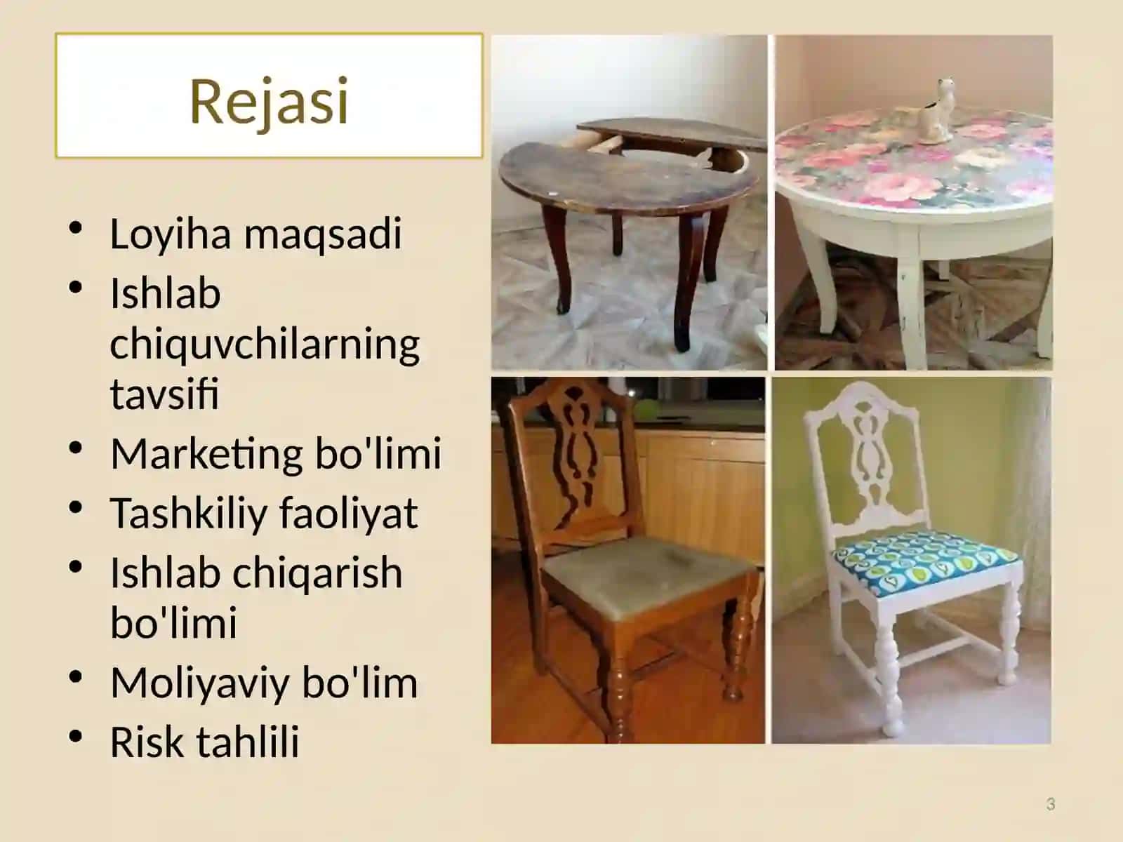 Tadbirkorlik faoliyatlarini tashkil etish mebel ishlab chiqarish sohasida 3