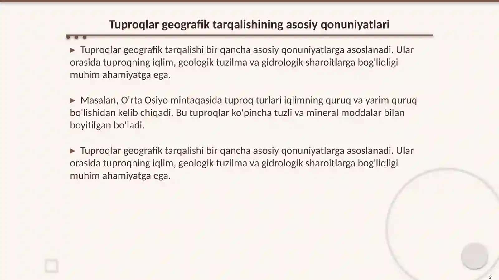 Tuproqlar geografik tarqalishining asosiy qonuniyatlari. Tuproq- geografik rayonlashtirish 3