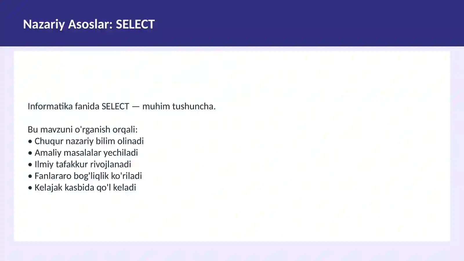 SQL O'qituvchilar va talabalar uchun dars ishlanma 3