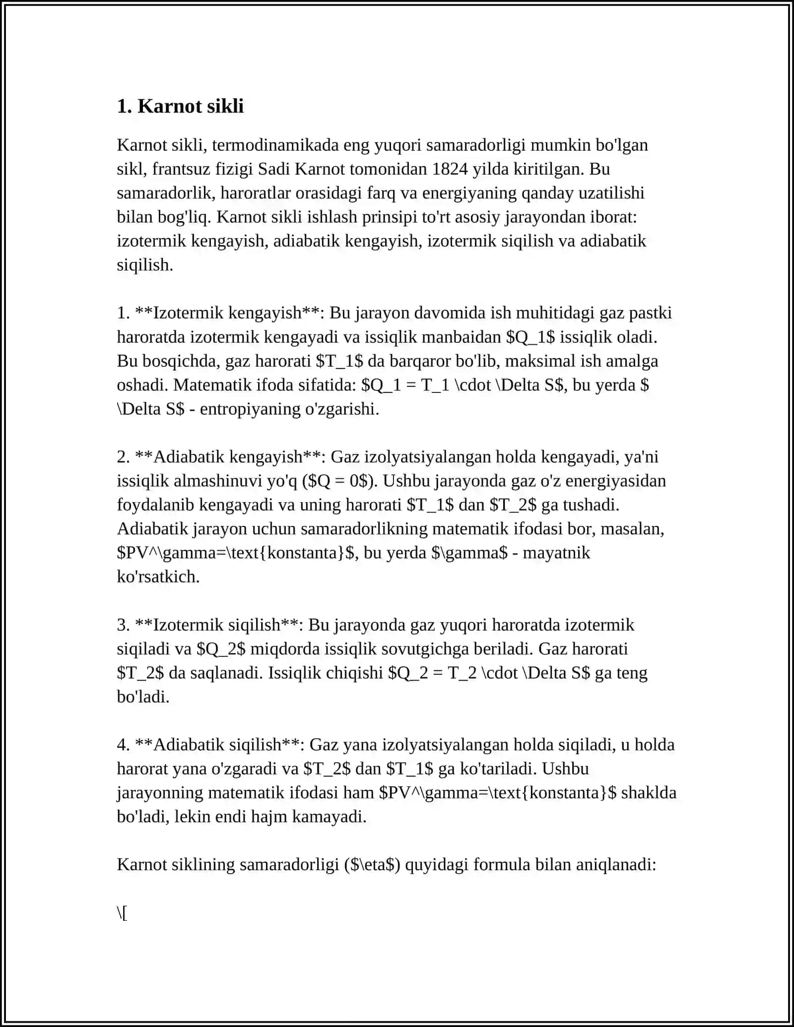 BUG'-KUCH QURILMA SIKLLARI. KARNO VA RENKIN SIKLLARI. ENERGIYA SARFI TIKLANISHI 3
