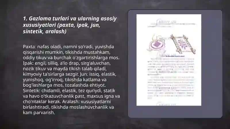 Turli assortimentdagi gazlamalardan kiyim tikish tayorlashning o‘ziga xos xususiyatlari 3