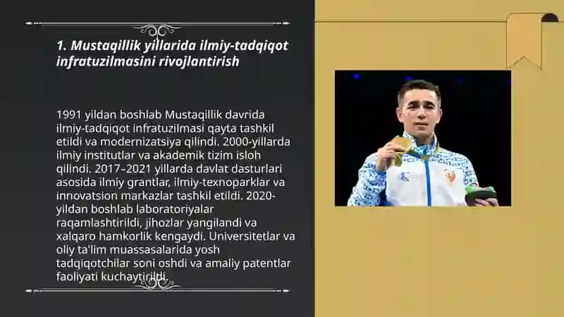 Mustaqillik yillarida O'zbekistonda fan, ta'lim, sport, san'at, adabiyot va sogʻliqni saqlash rivoji 3