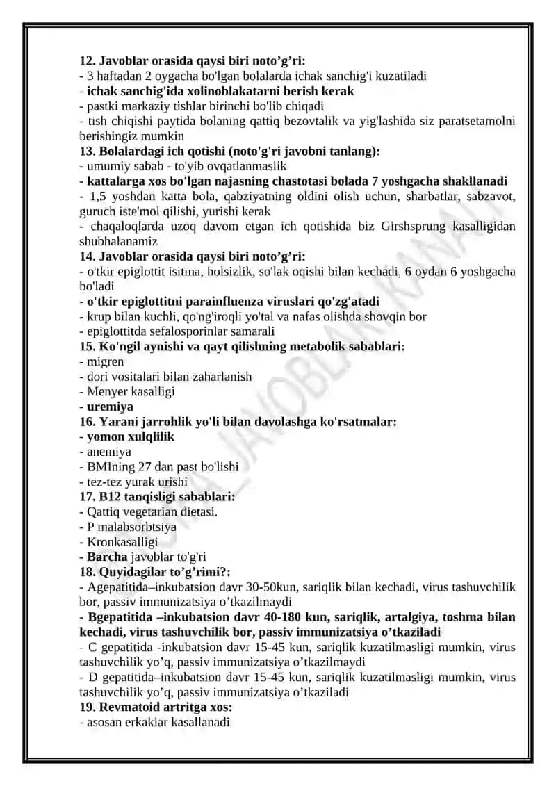 Oilaviy shifokorlik mutaxassisligi bo'yicha test savollari 3