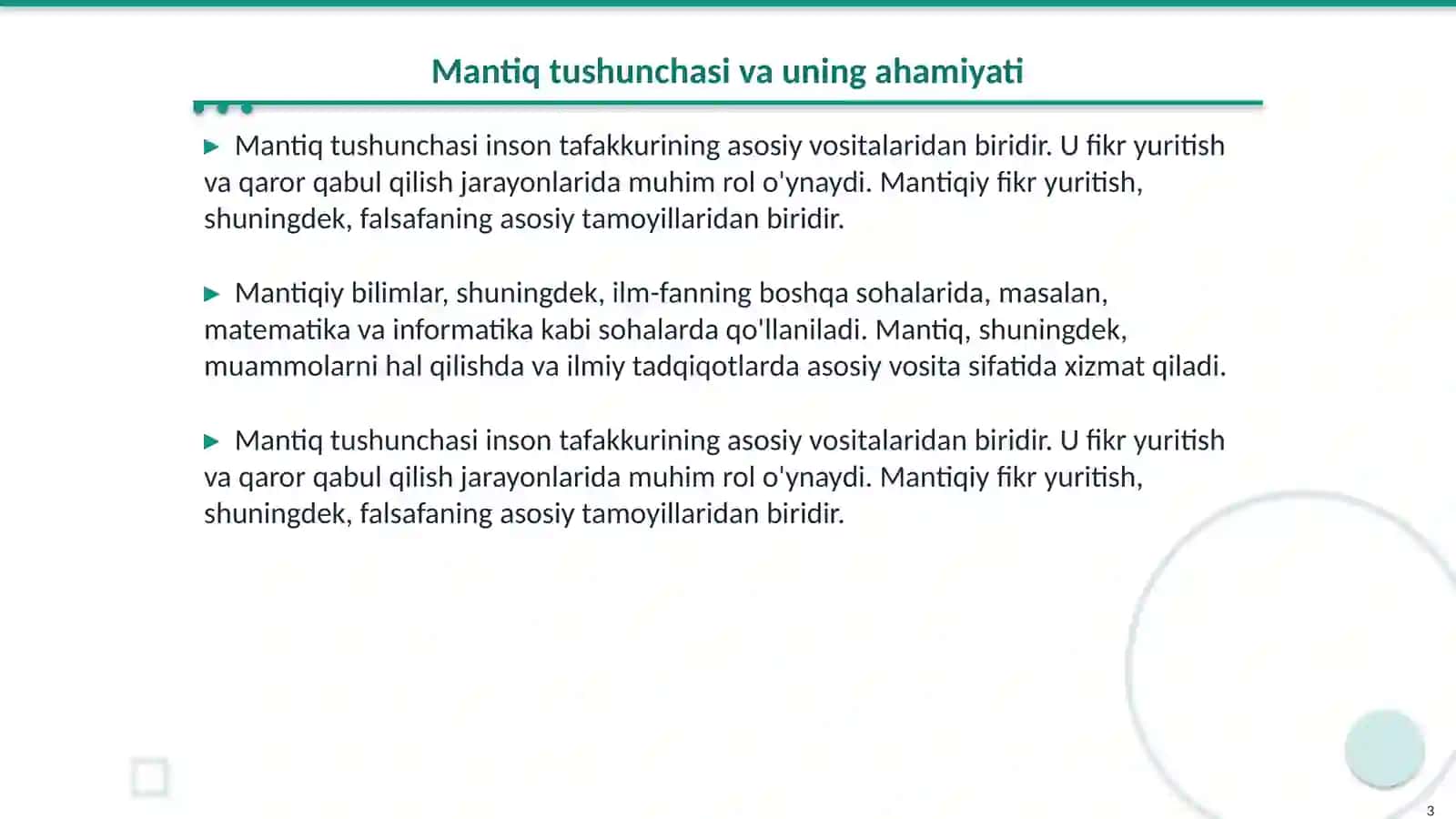 Mantiq. Tafakkur shakllari tushuncha, hukum, mulohaza 3
