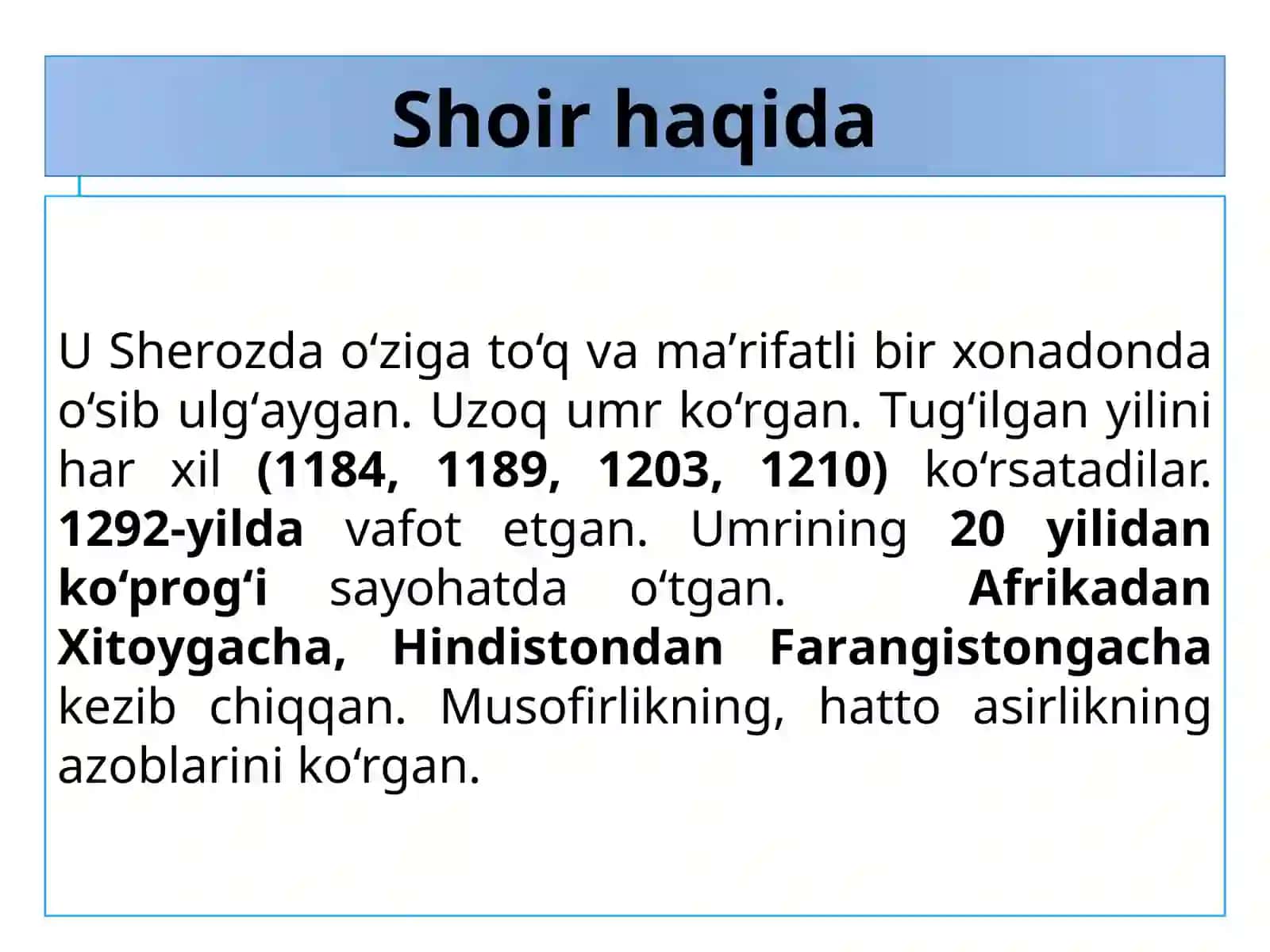 Sa’diy Sheroziy hayoti va ijodi. “Guliston” va “Bo‘ston” asari 3