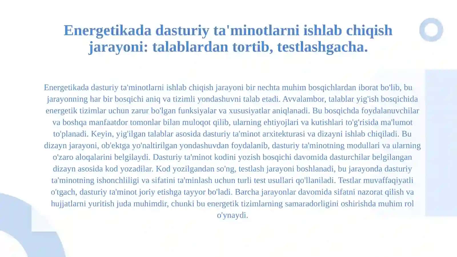 OOP.Obyektga yo'naltirilgan energetikada qo'llaniladigan dasturiy ta'minotlar va ularni tayyorlash sxemalari. 3