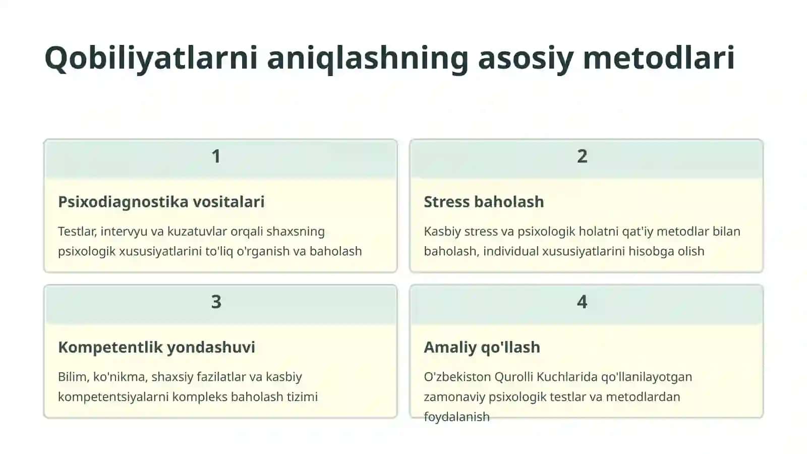 Harbiy xizmatchilarda qobiliyatlarning shakllanganligini aniqlash metodlari va rivojlantirish yo'llari 3