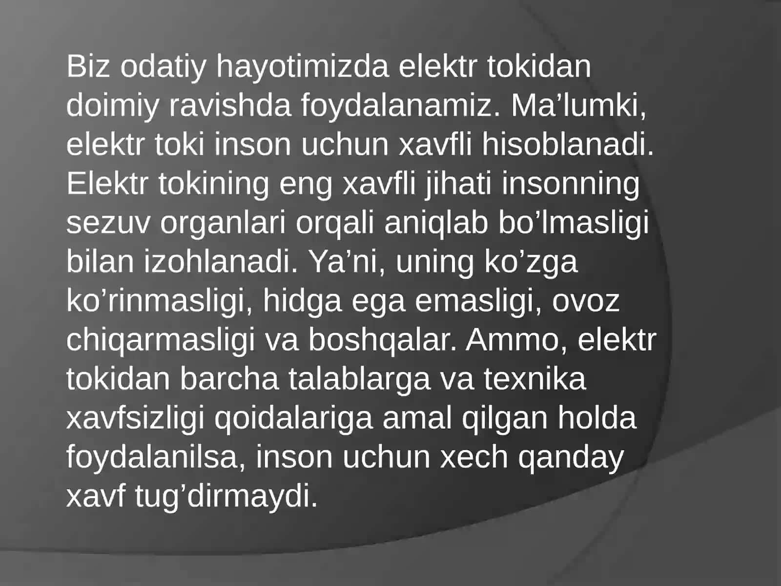 Elektr tokiniqollanilishi,odamtanasigatasirivaundanhimoyalanishchoralari 3