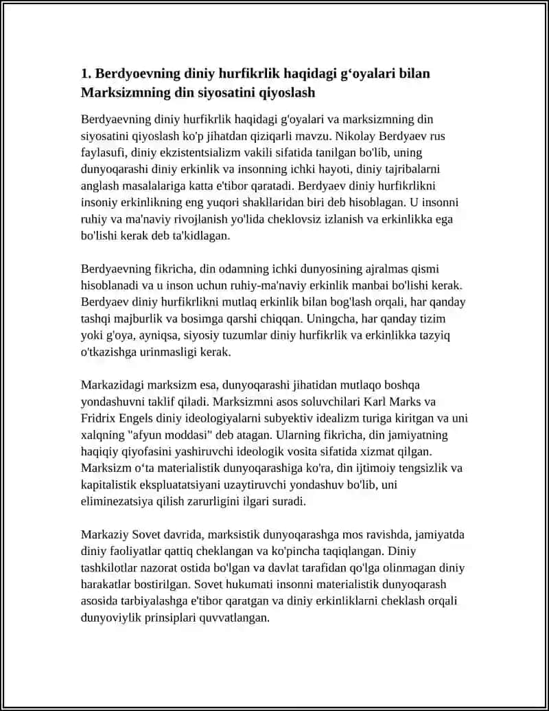 BERDYOEVNING DINIY HURFIKRLIK HAQIDAGI GʻOYALAR BILAN QIYOSLASH 3