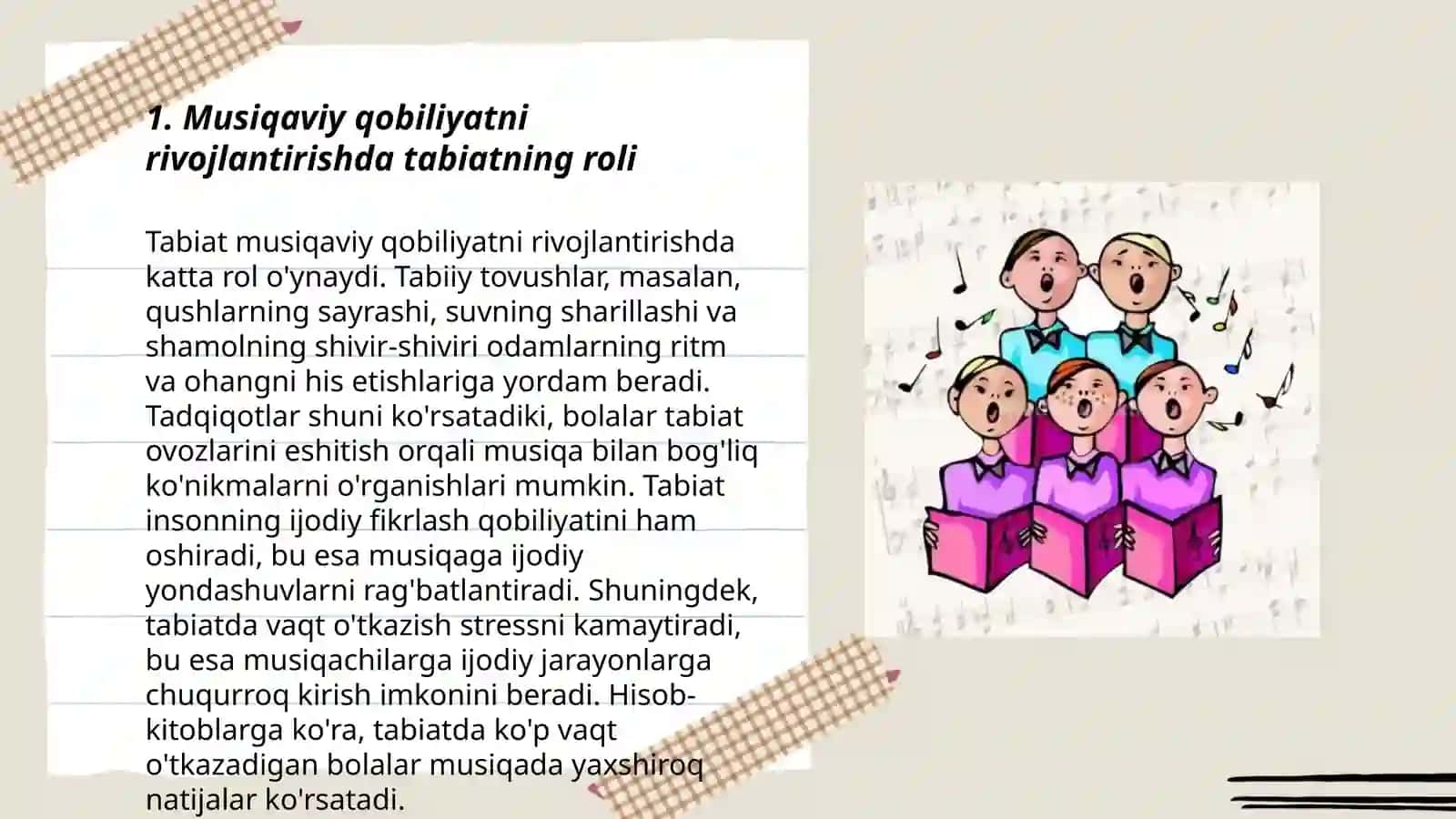 Musiqaviy qobiliyatni oʻstirish musiqa vositalari yordamida tevarak atrof, ona tabiatga munosabatini tarbiyalash 3