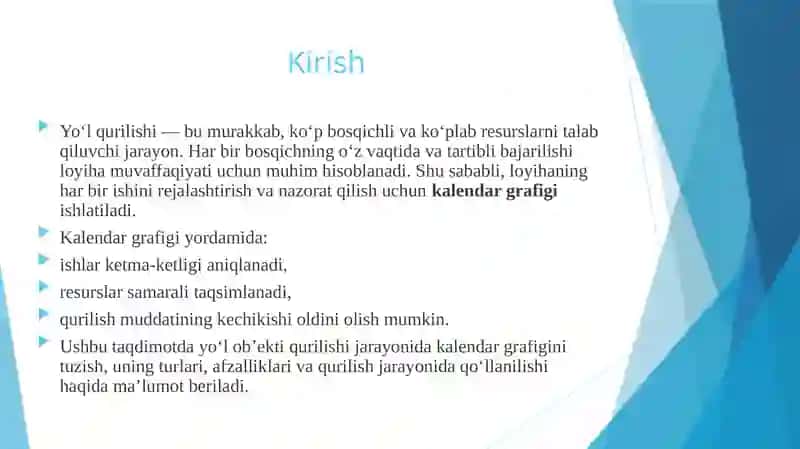 YOʻLOB'EKITINI QURISH UCHUN KALENDAR GIRAFIGINI TUZISH 3