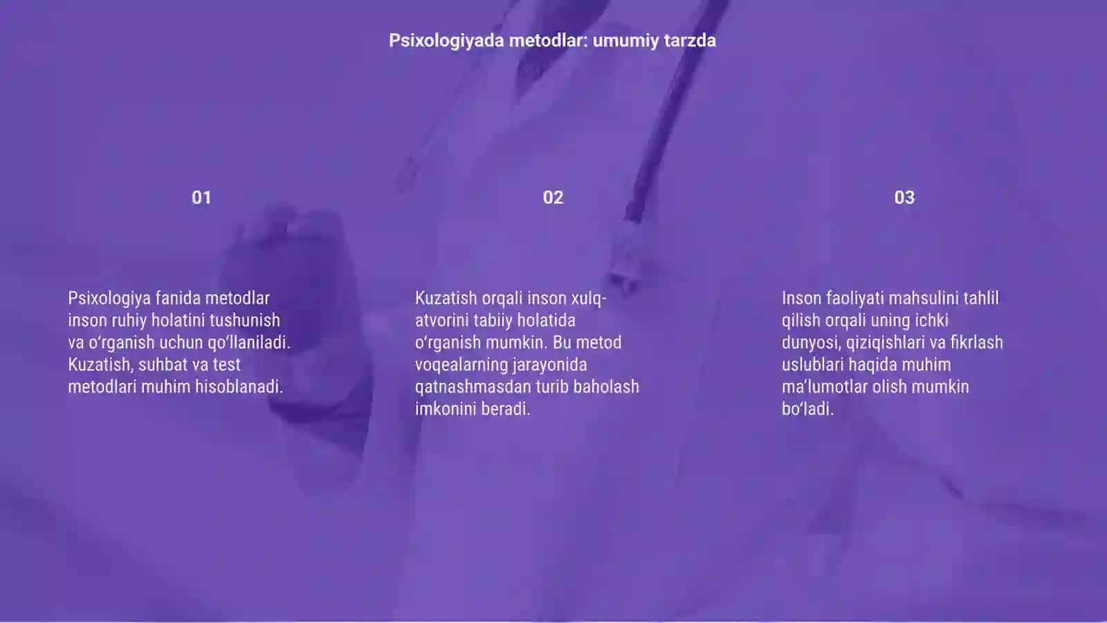 Kuzatish, suhbat, inson faoliyati mahsulini tahlil qilish, test psixologiyaning metodlari sifatida 3