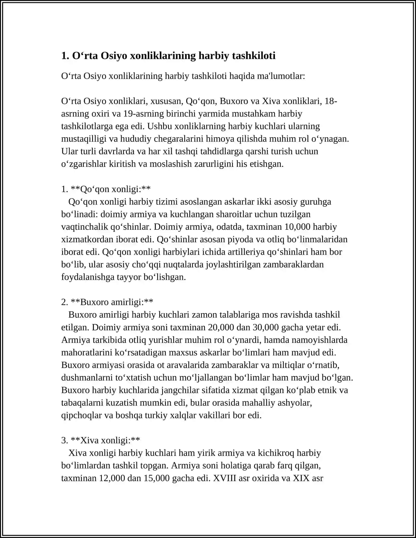 OʻRTA OSIYO XONLIKLARIDA HARBIY ISHLAR TARIXI.XONLIKLARINING TASHQI IQTISODIY VA SIYOSIY DIPLOMATIK ALOQALARI.QORAQALPOQLAR 3