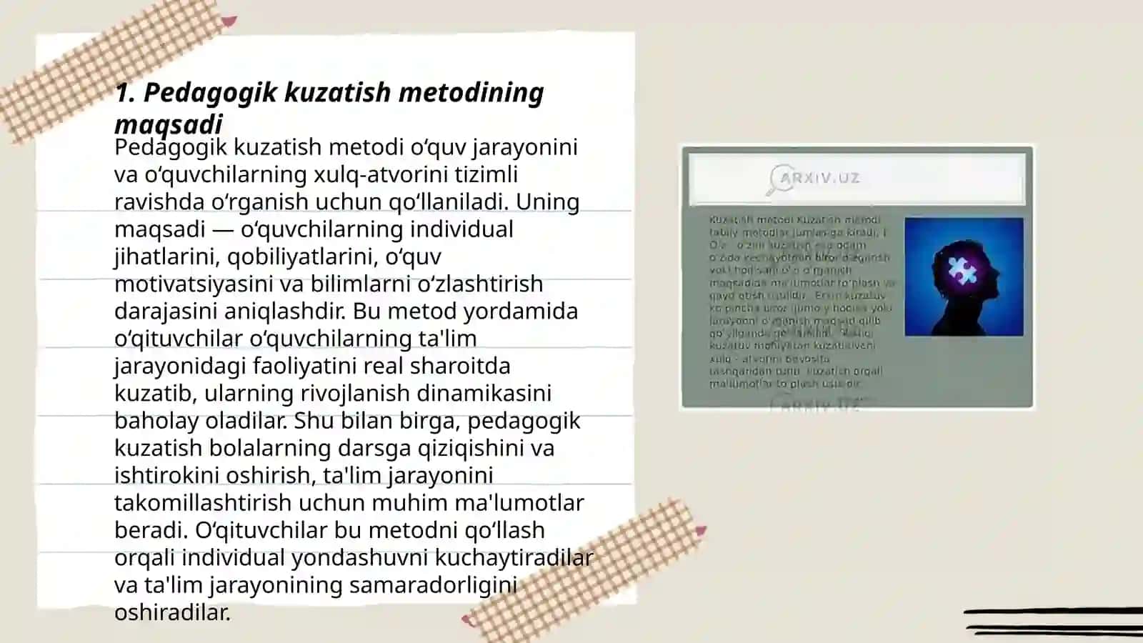 Pedagogik kuzatish metodi:turlari va unga qo'yiladigan asosiy talablar 3
