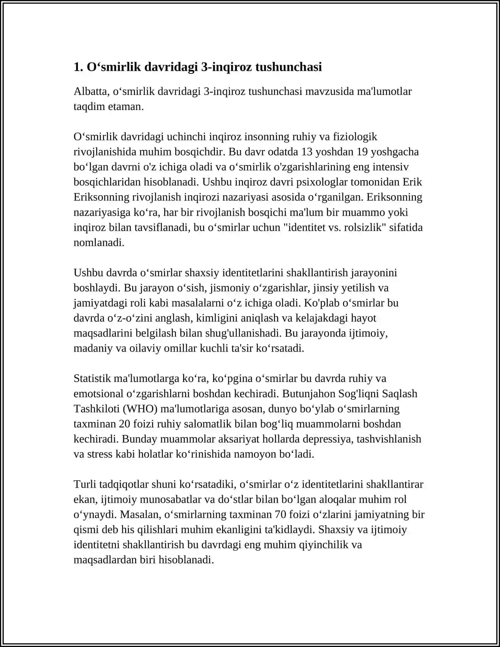 OʻSMIRLIK DAVRIDAGI PSIXIK RIVOJLANISHNING UMUMIY TASNIFI "3-INQIROZ" 3