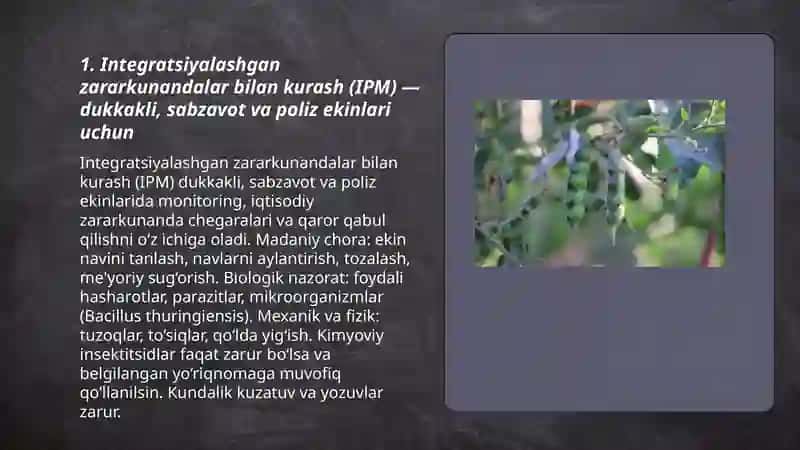 Integratsiyalashgan zararkunandalar bilan kurash (IPM) dukkakli, sabzavot va poliz ekinlari uchun 3