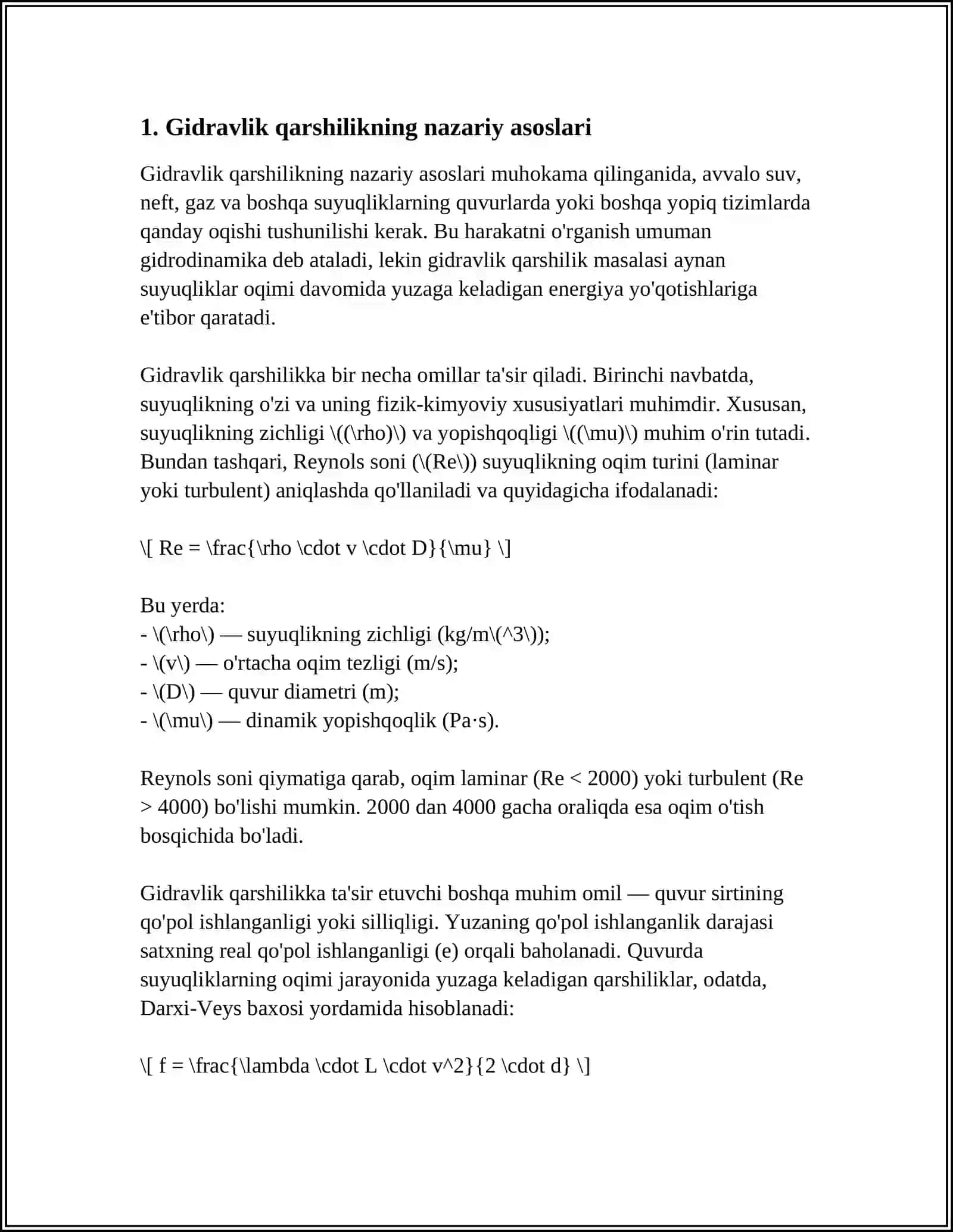 GIDRAVLIK QARSHILIK VA UNI HISOBLASH USULLARI 3