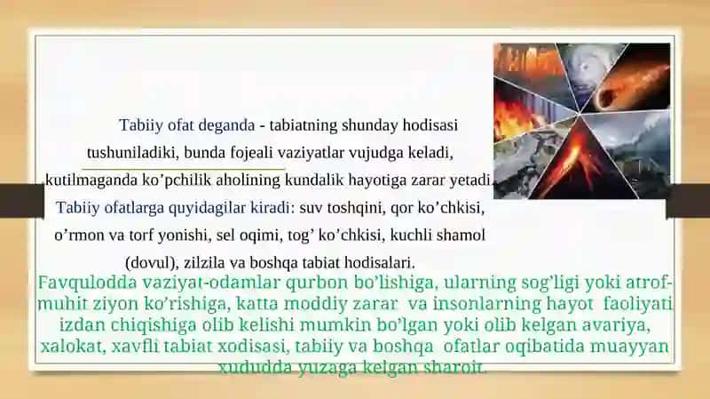 Tаbiiy, Texnogen, Ekologik va Ijtimoiy TUSDAGI FAVQULOTDA VAZIYATLARDA HAYOT FAOLIYATI XAVFSIZLIGI VA FUQARO MUHOFAZASI 3
