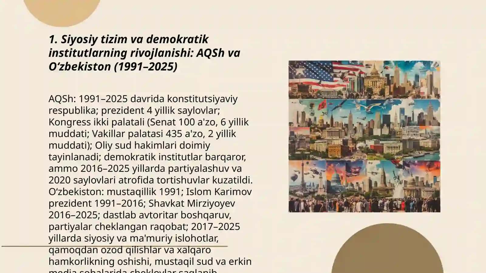 Siyosiy tizim va demokratik institutlarning rivojlanishi: AQSh va Oʻzbekiston (1991–2025) 3