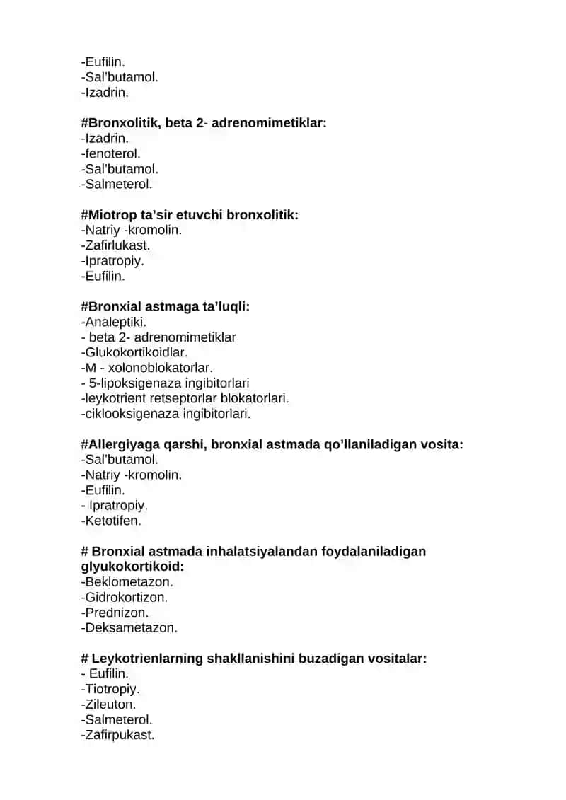 Nafas tizimiga ta’sir etuvchi vositalar. TEST 3