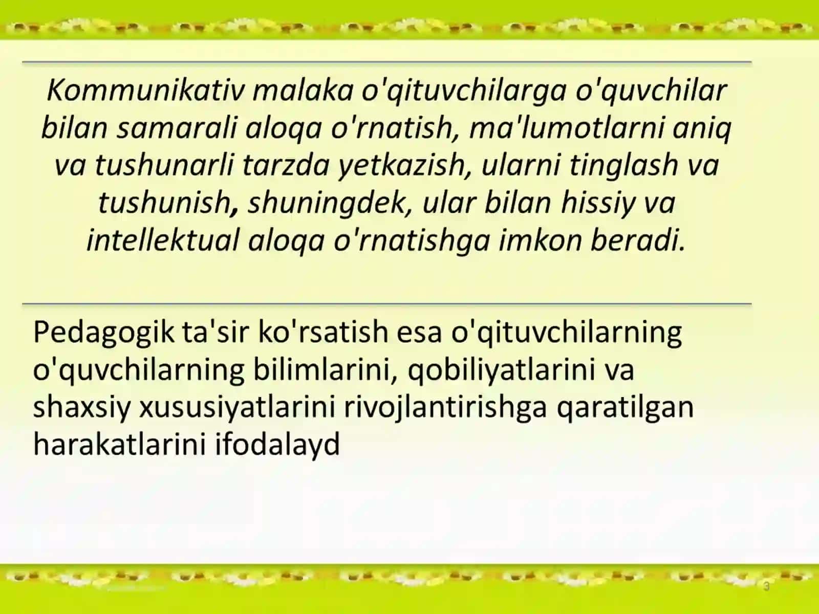 ”O’QITUVCHINING KOMMUNIKATIV QOBILIYATINI RIVOJLANTIRISHGA QO'YILADIGAN TALABLAR” 3